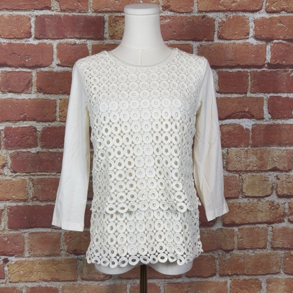 J. Crew Women's 3/4 Sleeve Embroidered Detail Top Cream Size XS